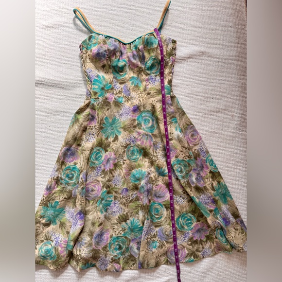 Vintage Teal & Lavender Floral A-line Dress Summer Feminine Retro 50s 70s - Picture 3 of 10